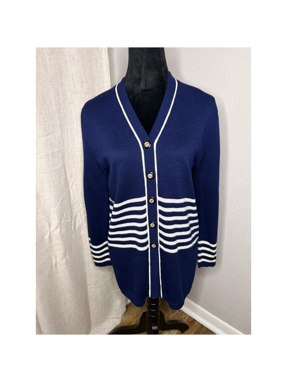 Vintage Dylani Knitwear Navy Blue & White Striped Cardigan Small Medium